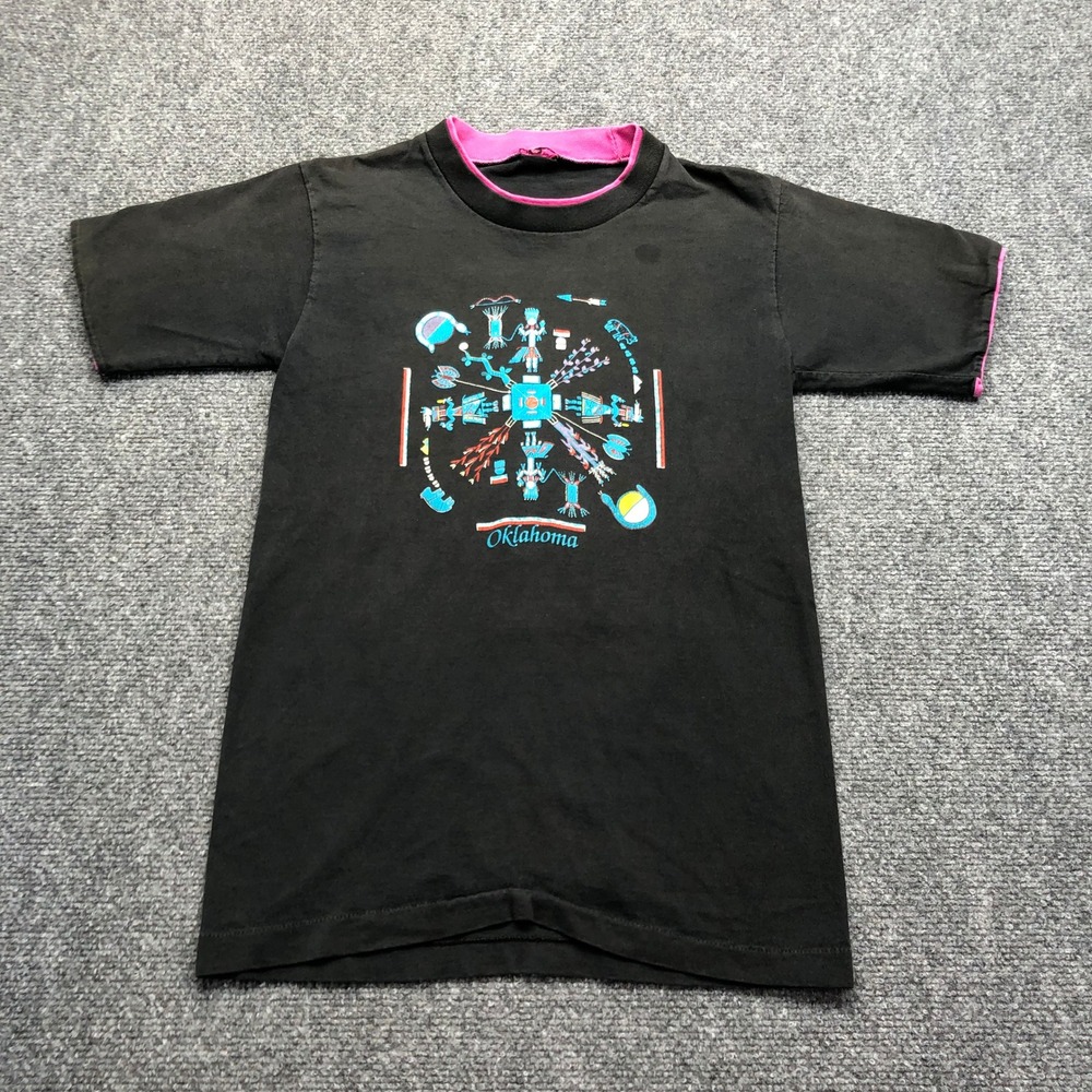 Vintage Oklahoma Graphic T-Shirt Kids Black Pink Trim Single Stitch Retro Tee